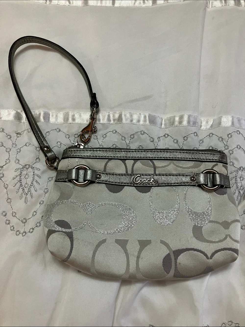 Coach Silver Signature Wristlet Clutch